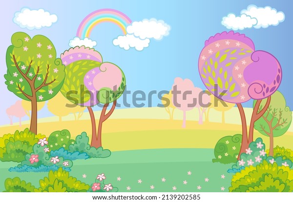 Fairytale fabulous background with magic trees, beautiful flowers on a green meadow and rainbow. Wallpaper for girl. Wonderland. Cartoon illustration for childrens print. Vector.