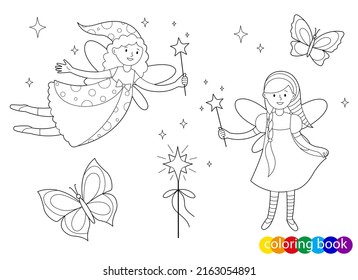 Fairy-tale fairies with magic wands  for design element kids coloring book page. Vector outline illustration.
