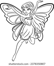 Fairytale Fairy with Wings for Coloring Page. Vector Illustration of Magic Cartoon Forest Character