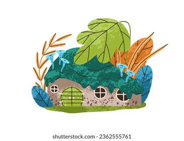 Fairy-tale fancy home. Cute sweet little dwarf house in fairytale nature with leaf, plant, moss, mushroom. Fantasy dreamy dwelling. Flat graphic vector illustration isolated on white background