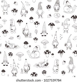 Fairytale Fantastic Gnome Dwarf Elf Cartoon Doodle Funny Vector Seamless Pattern