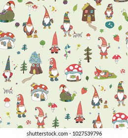 Fairytale fantastic gnome dwarf elf cartoon doodle funny vector seamless pattern