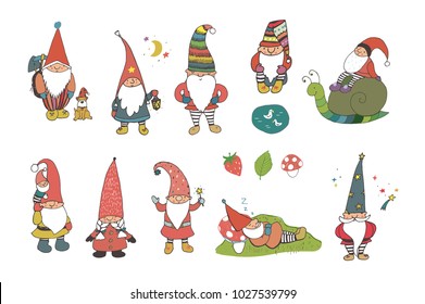 Fairytale fantastic gnome dwarf elf cartoon doodle funny vector illustration