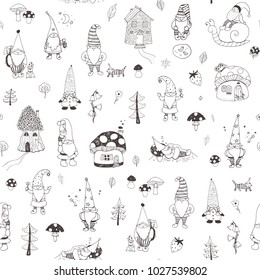 Fairytale fantastic gnome dwarf elf cartoon doodle funny vector seamless pattern