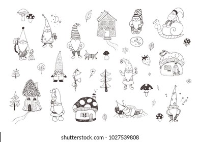 Fairytale Fantastic Gnome Dwarf Elf Cartoon Doodle Funny Vector Illustration