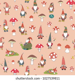 Fairytale fantastic gnome dwarf elf cartoon doodle funny vector seamless pattern