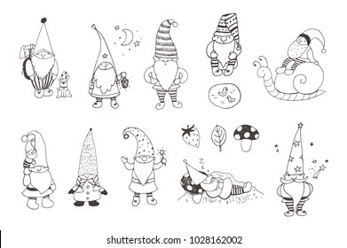 Fairytale fantastic gnome dwarf elf cartoon doodle funny vector illustration