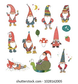 Fairytale fantastic gnome dwarf elf cartoon doodle funny vector illustration