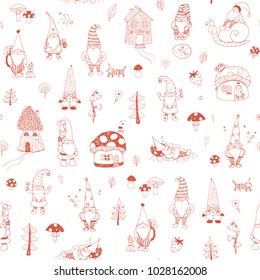 Fairytale fantastic gnome dwarf elf cartoon doodle funny vector seamless pattern