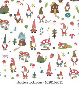 Fairytale fantastic gnome dwarf elf cartoon doodle funny vector seamless pattern