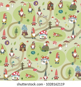 Fairytale fantastic gnome dwarf elf cartoon doodle funny vector seamless pattern