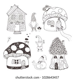 Fairytale fantastic gnome dwarf elf cartoon doodle funny vector illustration