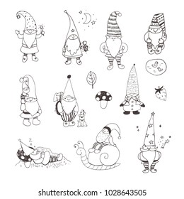 Fairytale fantastic gnome dwarf elf cartoon doodle funny vector illustration