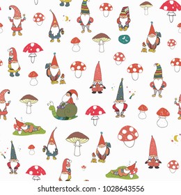 Fairytale fantastic gnome dwarf elf cartoon doodle funny vector seamless pattern