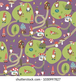 Fairytale fantastic gnome dwarf elf cartoon doodle funny vector seamless pattern