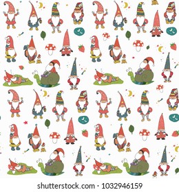 Fairytale fantastic gnome dwarf elf cartoon doodle funny vector seamless pattern