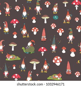 Fairytale fantastic gnome dwarf elf cartoon doodle funny vector seamless pattern