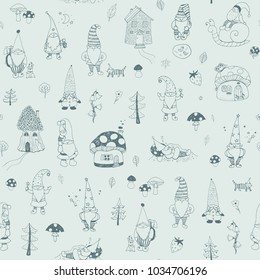 Fairytale fantastic gnome dwarf elf cartoon doodle funny vector seamless pattern