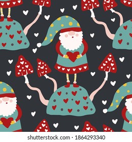 Fairytale fantastic gnome dwarf elf cartoon doodle funny vector seamless pattern. Cute kids background. Lovely elf with mushroom and heart graphic.