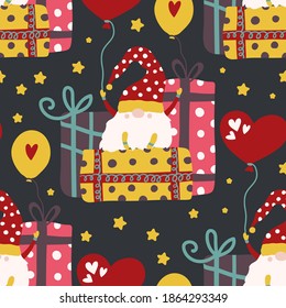 Fairytale fantastic gnome dwarf elf cartoon doodle funny vector seamless pattern. Cute kids background. Lovely elf with gift heart graphic.