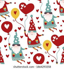 Fairytale fantastic gnome dwarf elf cartoon doodle funny vector seamless pattern. Cute kids background. Lovely elf with ballon and heart graphic.