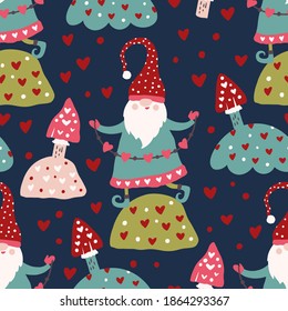 Fairytale fantastic gnome dwarf elf cartoon doodle funny vector seamless pattern. Cute kids background. Lovely elf with mushroom and heart graphic.