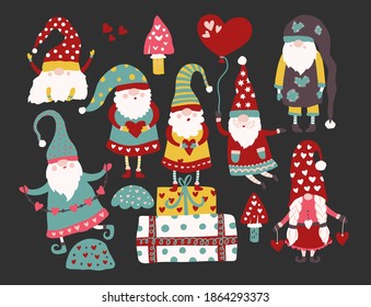 Fairytale fantastic gnome dwarf elf cartoon doodle funny vector clipart set. Cute kids icons . Lovely elf graphic collection.