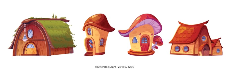 Fairytale fantasy houses and cottages of gnomes and elves with doors and windows. Cartoon vector illustration set of mushroom home and different tiny buildings for magic tale or game village.