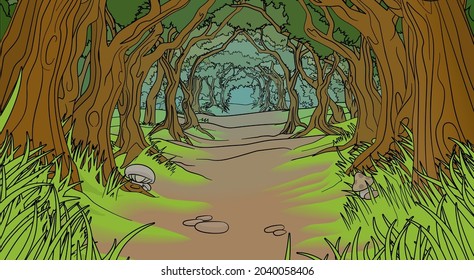 A fairytale fantasy magic woodland forest trees tunnel background landscape scene 