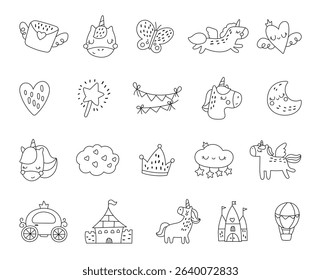 Fairytale fantasy object and character outline line art set created for magical cartoon scenes featuring castles, unicorns, crowns, hearts, clouds, animals, stars, wings, envelope