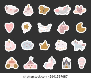 Fairytale fantasy object and character scandinavian style set created for magical cartoon scenes featuring castles, unicorns, crowns, hearts, clouds, animals, stars, wings, envelope