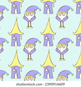 Fairytale fantasy pattern with gnomes and houses, hand-drawn doodle sketches, lilac and yellow colors. Vector illustration