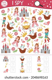 Fairytale fantasy I spy game for kids. Searching and counting activity with castle, princess, prince. Magic kingdom printable worksheet for preschool children. Simple fairy tale spotting puzzle
