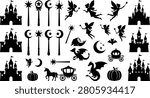 Fairytale fantasy vector silhouette bundle featuring magic castles flying fairies wands dragons unicorns carriages pumpkins and mystical design elements