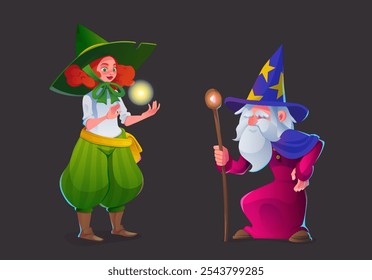 Fairytale female elf and male wizard isolated on black background. Vector cartoon illustration of red-haired girl in green costume making light tricks, old bearded wise man character with wooden staff