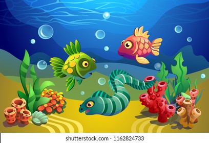 Fairytale fish and a moray eel. Vector underwater world. Fishes among algae. 