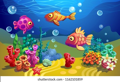 
Fairytale a fish. Vector underwater world. Fishes among algae.