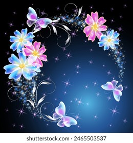 Fairytale floral round frame and magic butterflies in amazing night sky with sparkle stars and flowers. Fantasy mysterious background.