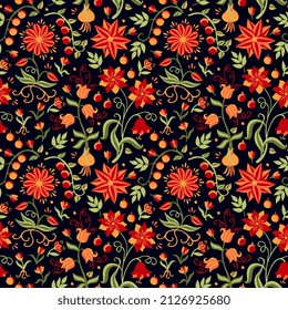 Fairytale floral seamless ornament with red and yellow flowers and berries and bright green leaves isolated on black background. Russian folklore motifs. Vector print for fabric, wallpaper.