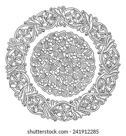 Fairy-tale flower frame. Retro, vintage, gothic style. Flourish heraldry elements. Heraldic rose. Vintage decorative element. Ornamental round lace pattern, circle background with many details.