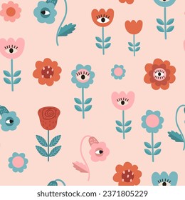 Fairytale flowers with eyes seamless pattern with beige background. Light pink, blue, red digital paper, vector children's background for fabric, textile and scrapbook paper with flowers.