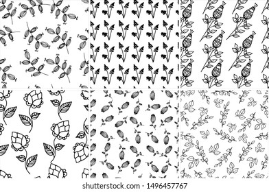 Fairytale flowers. Vector seamless pattern. Stylized illustration of flowers and leaves.