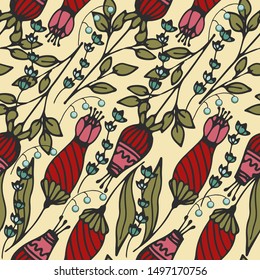 Fairytale flowers. Vector seamless pattern. Stylized illustration of flowers and leaves.