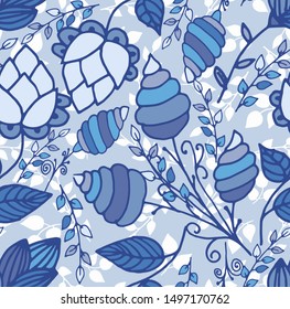 Fairytale flowers. Vector seamless pattern. Stylized illustration of flowers and leaves.