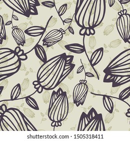 Fairytale flowers. Vector seamless pattern. Stylized illustration of flowers and leaves.