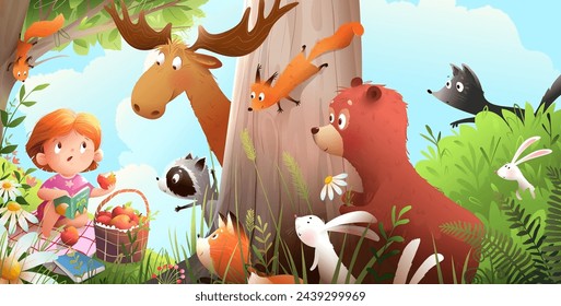 Fairytale forest with animals and a little girl reading a book. Cute bear fox moose rabbit and others meet a girl in woods. Vector hand drawn illustrated nature and animals scenery for children.