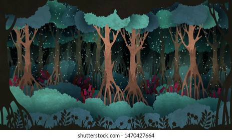 Fairytale forest background. Old trees surrounded by fireflies in the night.