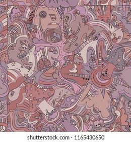 Fairy-tale forest, bright, psychedelic drawing, painted by hand. Seamless pattern