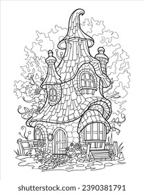 Castillo forestal de cuento de hadas, coloración en blanco y negro, vector