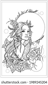 Fairytale forest girl dryad in a half-turn with an bare shoulder, with big lips and long flowing hair, in vegetation and leaves, against the background of large and small planets, in flowering roses.